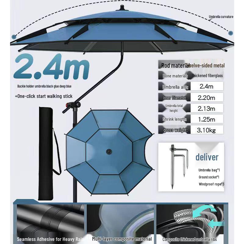 2025 Stainless Steel Large Fishing Umbrella: Thickened Double Layer Sun Protection