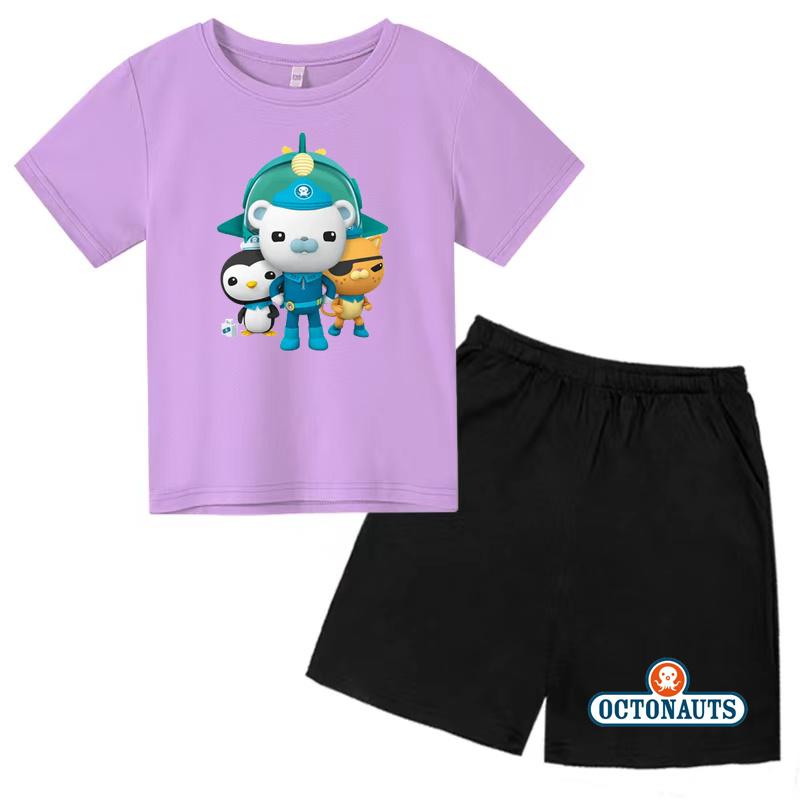 Kids Summer Cartoon Animated Print Set Summer Sports Set T-shirt + Shorts Charming 2-piece Outdoor Wear for Boys and Girls