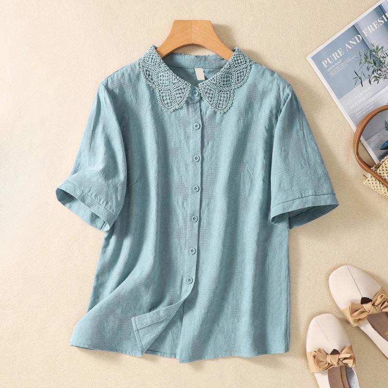 

Летняя литература свободная однотонная рубашка из хлопка и льна с жаккардом с короткими рукавами женская рубашка верх блузки и рубашки M светло-синий