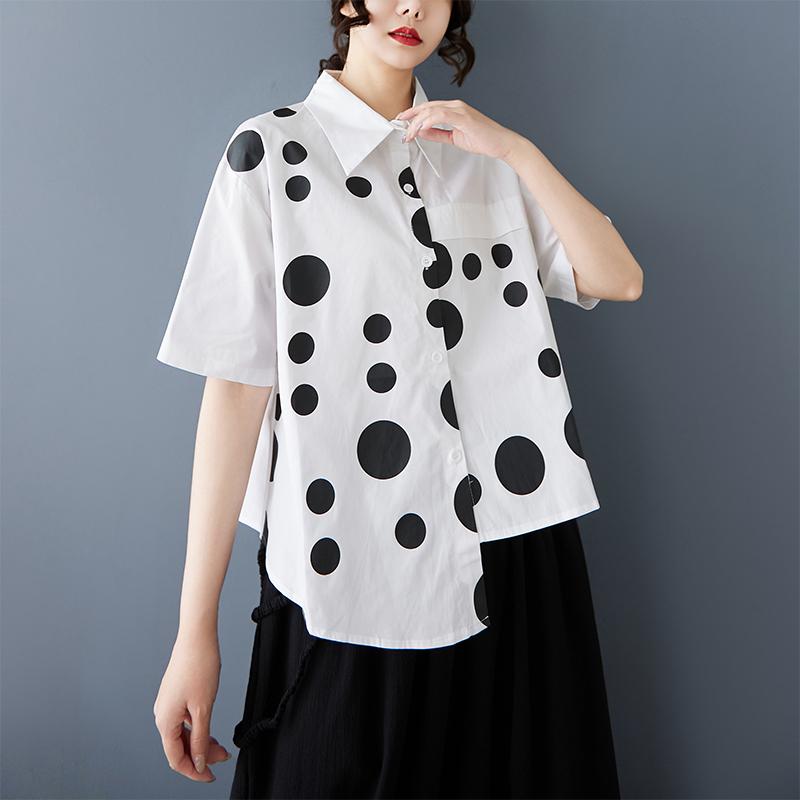 DIMANAF 2025 Plus Size New Summer Blouse Short Sleeve Vintage Polka Dot Printing Casual Women Loose Tops Shirts