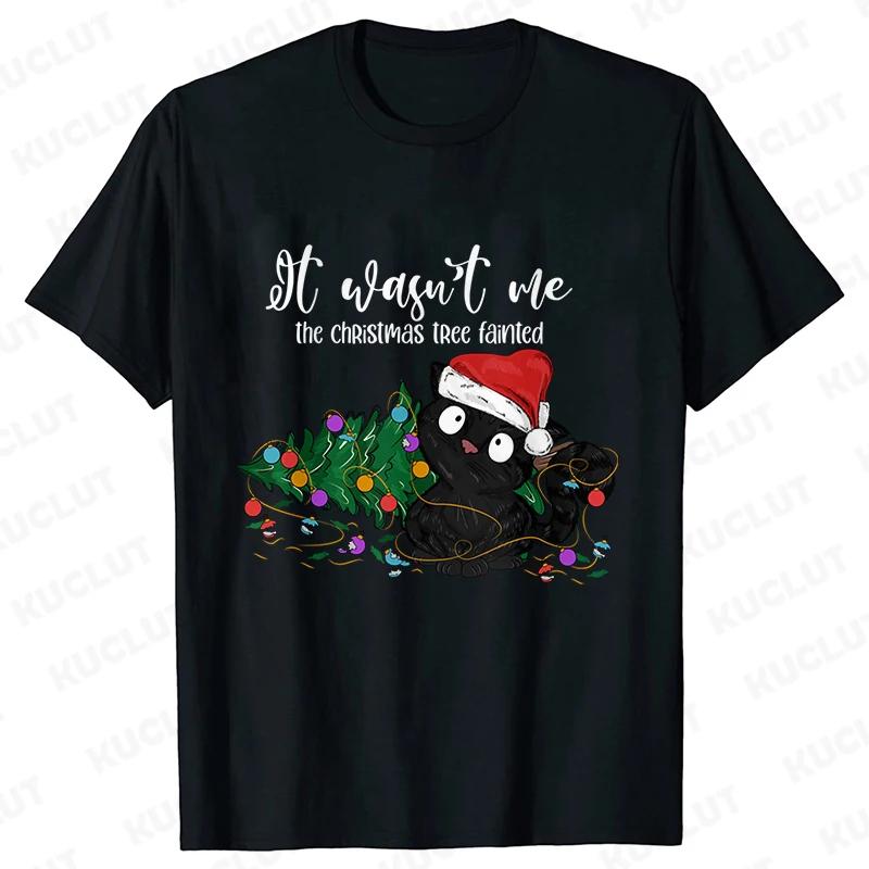It Wasn's Me Christmas Cat Men T-shirt Christmas Tree Casual Fashion Xmas Aesthetic Short Sleeve Tees