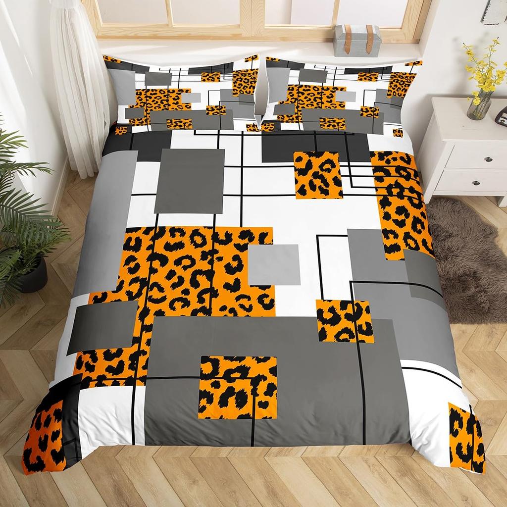 Abstract Stripe Leopard Check Duvet Cover Geometric Cheetah Print Bedding Set Girls Pink Black Grey Twin Queen Comforter Cover