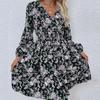 Casual V-Neck Puff Sleeve Floral Print A-Line High Waist Short Dress Women Black S-XL