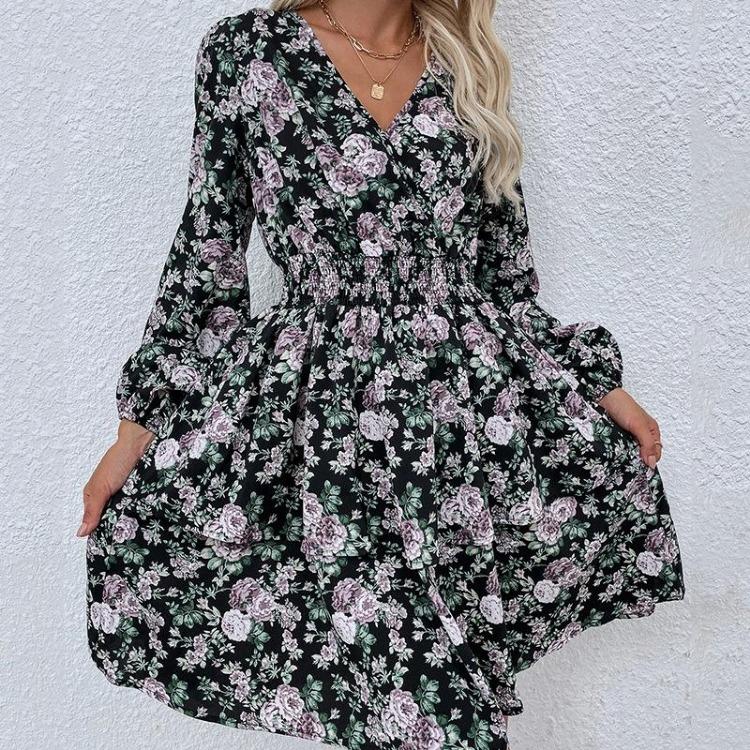 Casual V-Neck Puff Sleeve Floral Print A-Line High Waist Short Dress Women Black S-XL