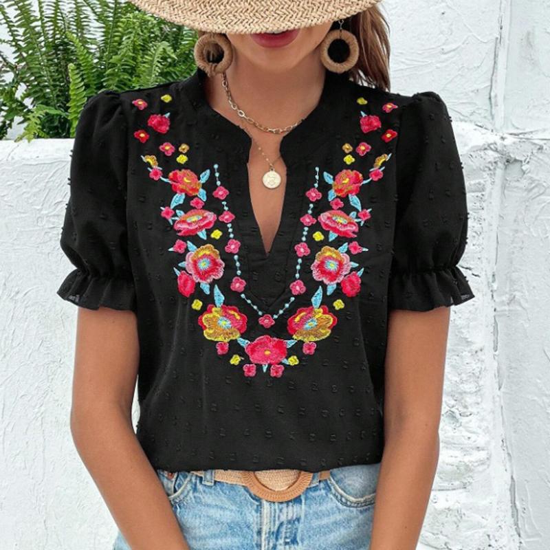 

Женская летняя блузка с короткими рукавами, V-образным вырезом, вышивкой, повседневная, пуловер, рубашка, топ с оборками XXL
