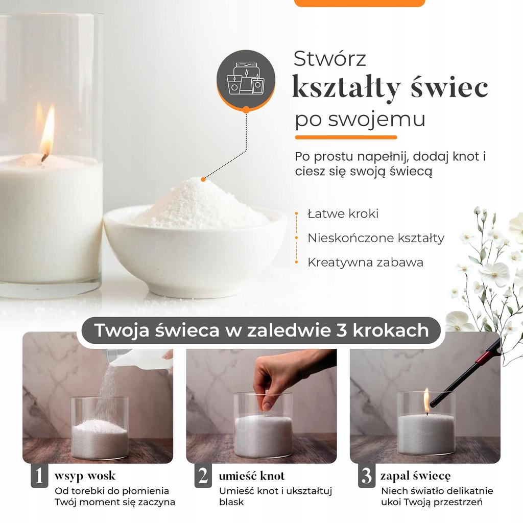 Świece sypane 1kg+bawełniane knoty+drewniane knoty+olejek zapachowy lawenda