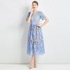 Hollow Niche Design Sense Splicing Water-soluble Lace Waist Thin Solid Color Dress