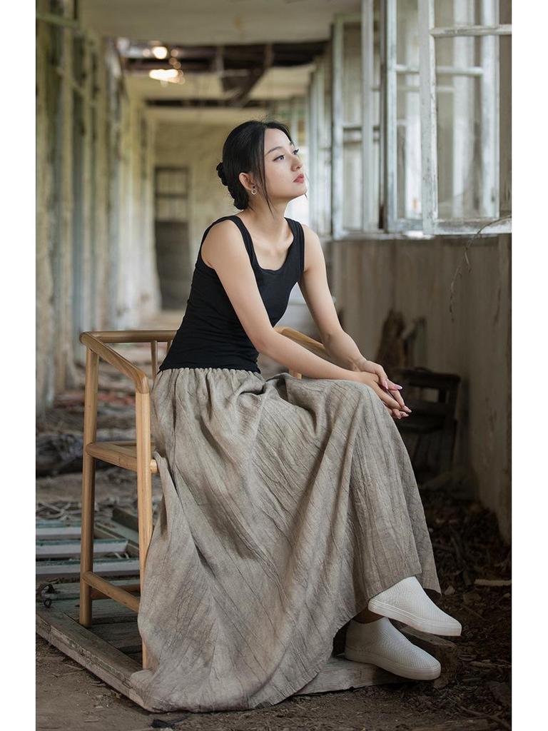 Women's Elastic Waist Tie-Dye Ramie Skirt - Autumn/Winter Collection