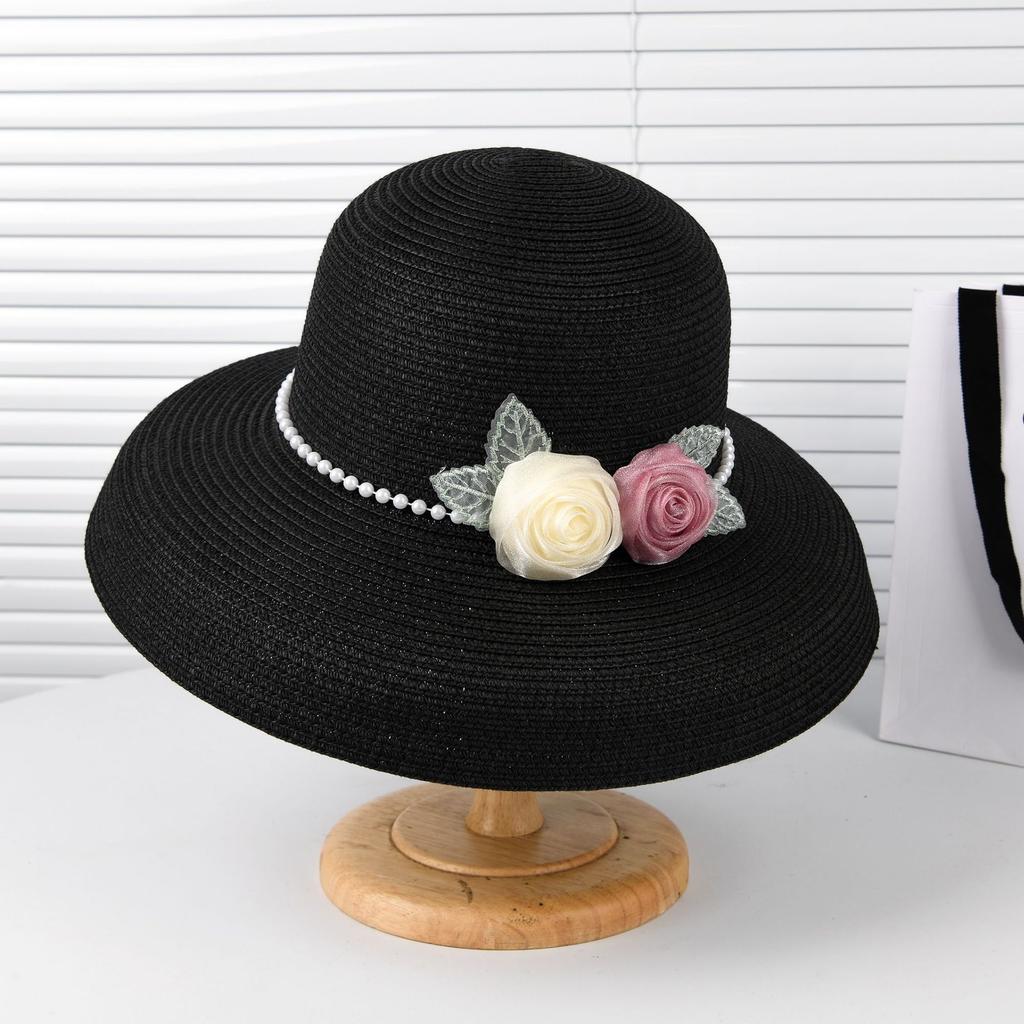 Hepburn Style Straw Hat Summer Elegant Straw Top Hat Seaside Beach Sun Hat Sun Protection Pearl Big Edge Hat