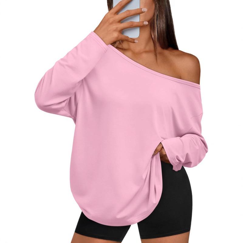 Women S Color Block Off Shoulder Hooded Long Sleeve Casual Sports T Shirt