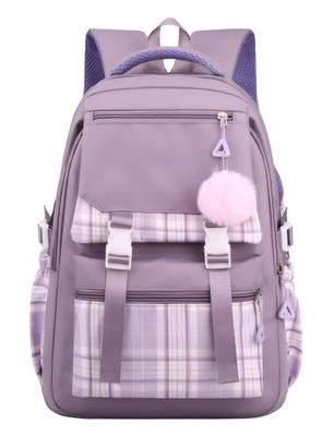 Maeau Backpack/Shoulder Bag for Girls, Elementary School Students, Waterproof, Large Capacity, Nylon Check, Korean Style, School-Style, Purple
