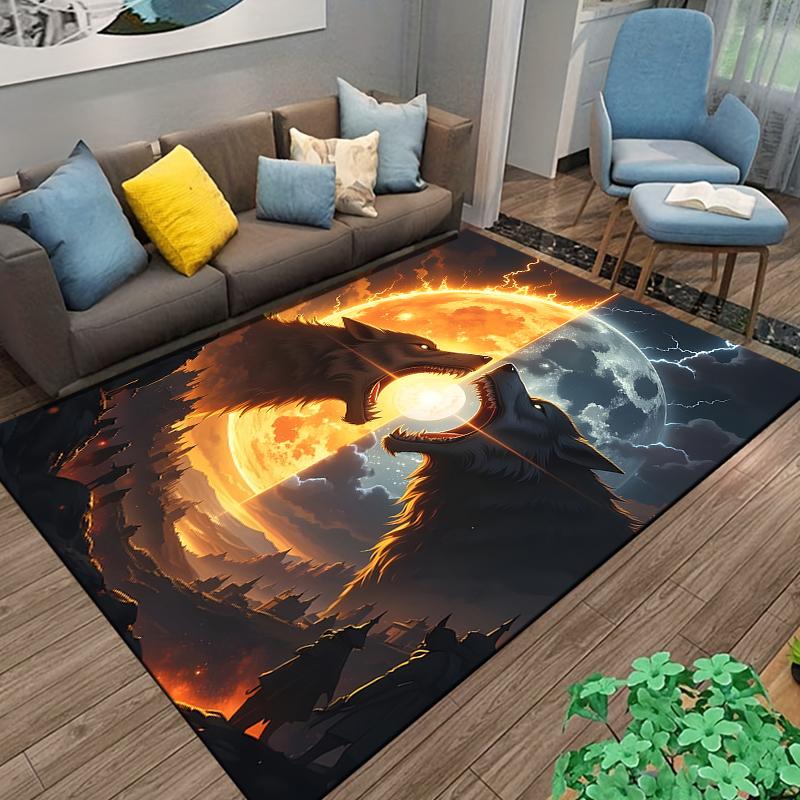 Flannel Rug Two Wolves Fire Sun Ice Moon Lightning Castle Epic Fantasy Art Area Rug Living Room Bedroom Decor
