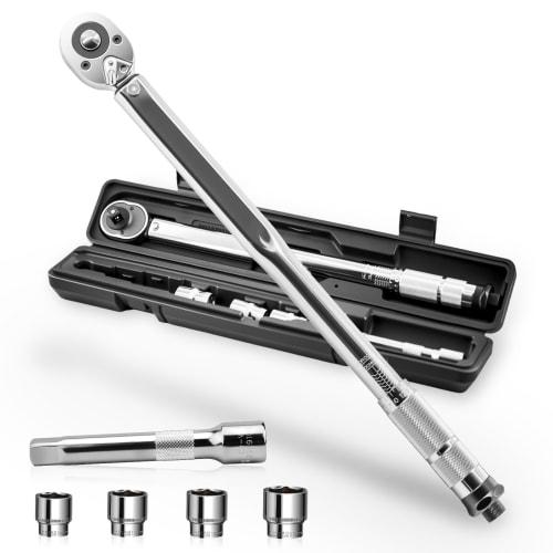 Torque Wrench for Car Tire Change, 28-210NEm, High Accuracy }4% (1/2 inch), 103NEm Preset Type, 14/17/19/21mm Sockets, Includes 125mm Extension Bar &