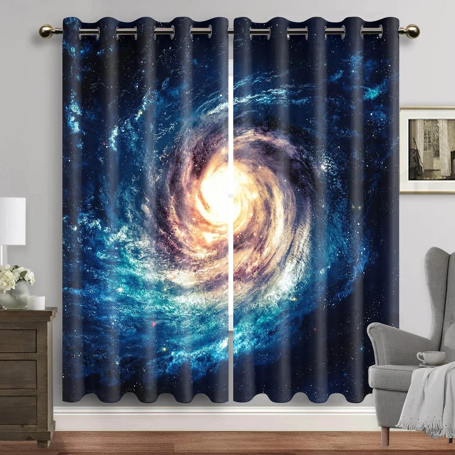 

3D Blue Galaxy Window Curtains Space Planet Semi Blackout Curtains Universe Stars Drapes for Bedroom Starry Forest Cortinas 2 шт. (50Wx50H)x2(CM)&Grommet Top