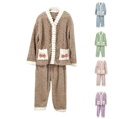 Women's Long-sleeved Flannel Thickened Warm Home Wear Cardigan Set For Outerwear