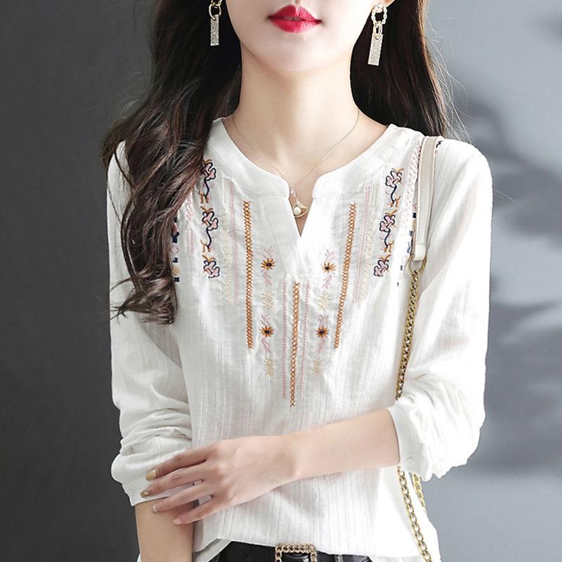 White Long Sleeved Shirt Women's Spring and Autumn Loose Embroidered Ethnic Style Versatile V-neck Top