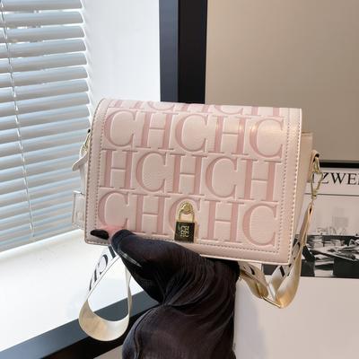 Women's Messenger Shoulder Bag  Niche Embossed Letter Mailman Small Square Design with Large-Capacity  Broadband Features