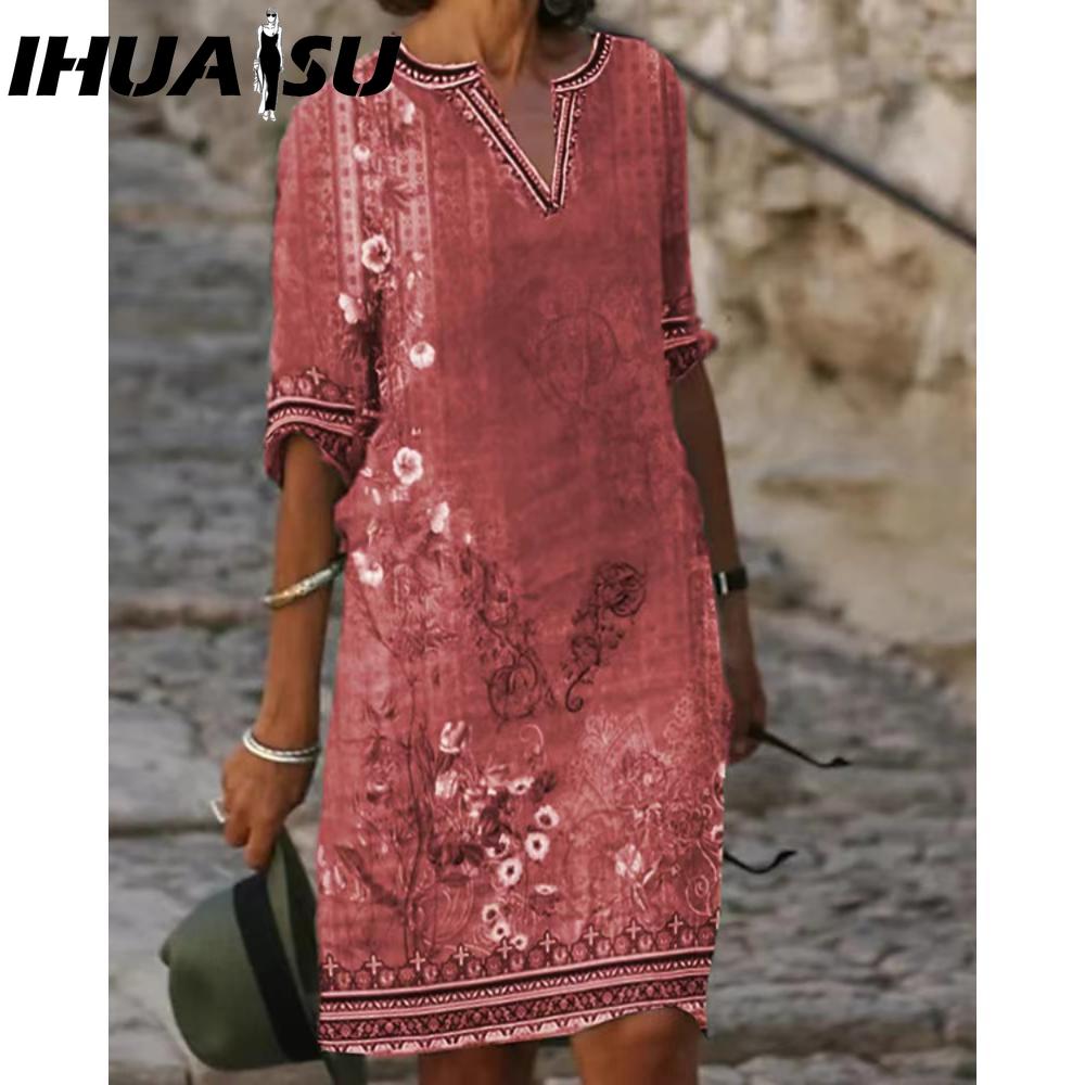 IHUASU Rochie Sexy cu Gât în V pentru Femei, Rochie Tricou de Vară cu Mânecă Scurtă, Top Femei, Rochie Midi Slim, Fustă de Plajă, Rochie Imprimată, Rochie Casual