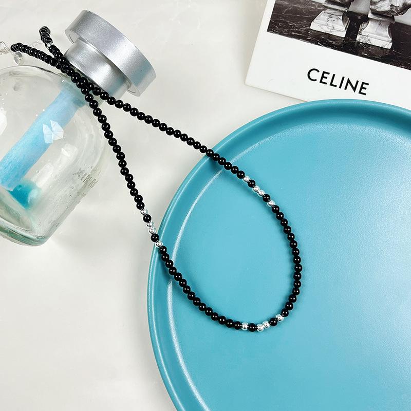 Náhrdelník z korálků z černého achátu ze sterlingového stříbra 925, korejský choker pro ženy