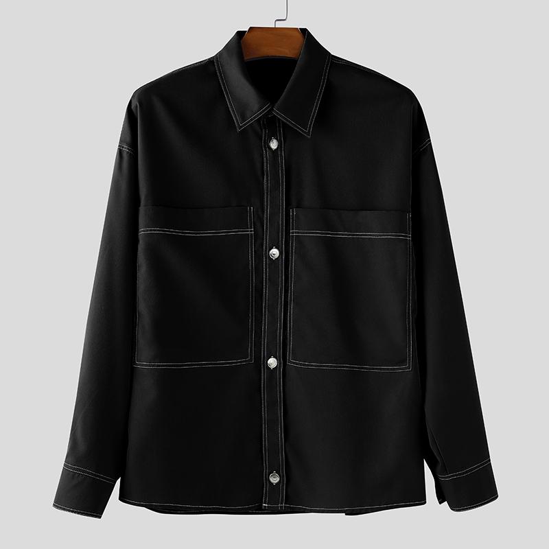 

INCERUN Oversized Men Spring Lapel Neck Stitching Long Sleeve Shirts Tops 3XL чёрный