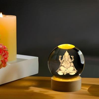 Lord Ganesh Ji Crystal Ball Night Light  Glass Ball Night LED Lamp with Woodern Base Perfect for Gift