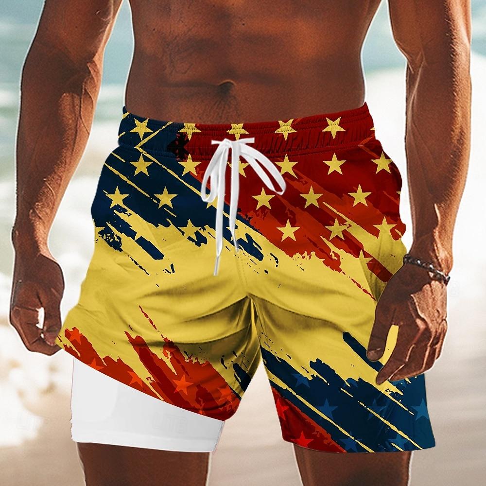 Men's 4th of July U.S. 250th Anniversary US Flag Lined Shorts 2 In 1 Board Shorts With Compression Liner Elastic Drawstring Waist Designer