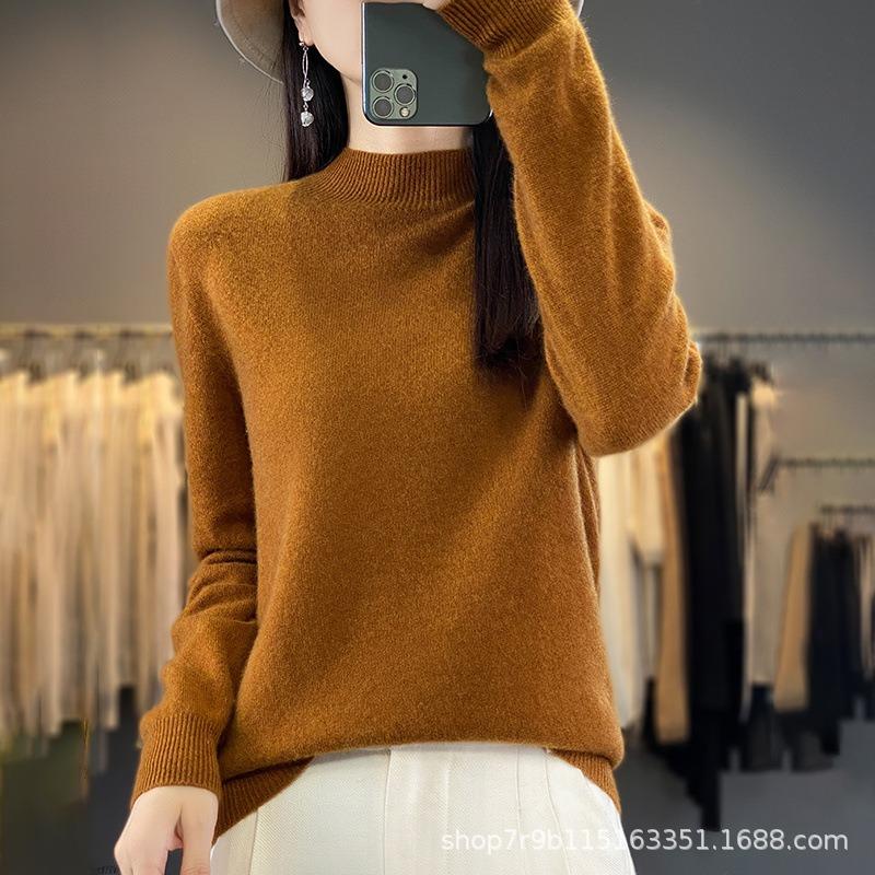 Autumn and winter new pure wool sweater women's semi-turtleneck first-line ready-to-wear wool sweater knitted sweater loose and thin bottoming shirt