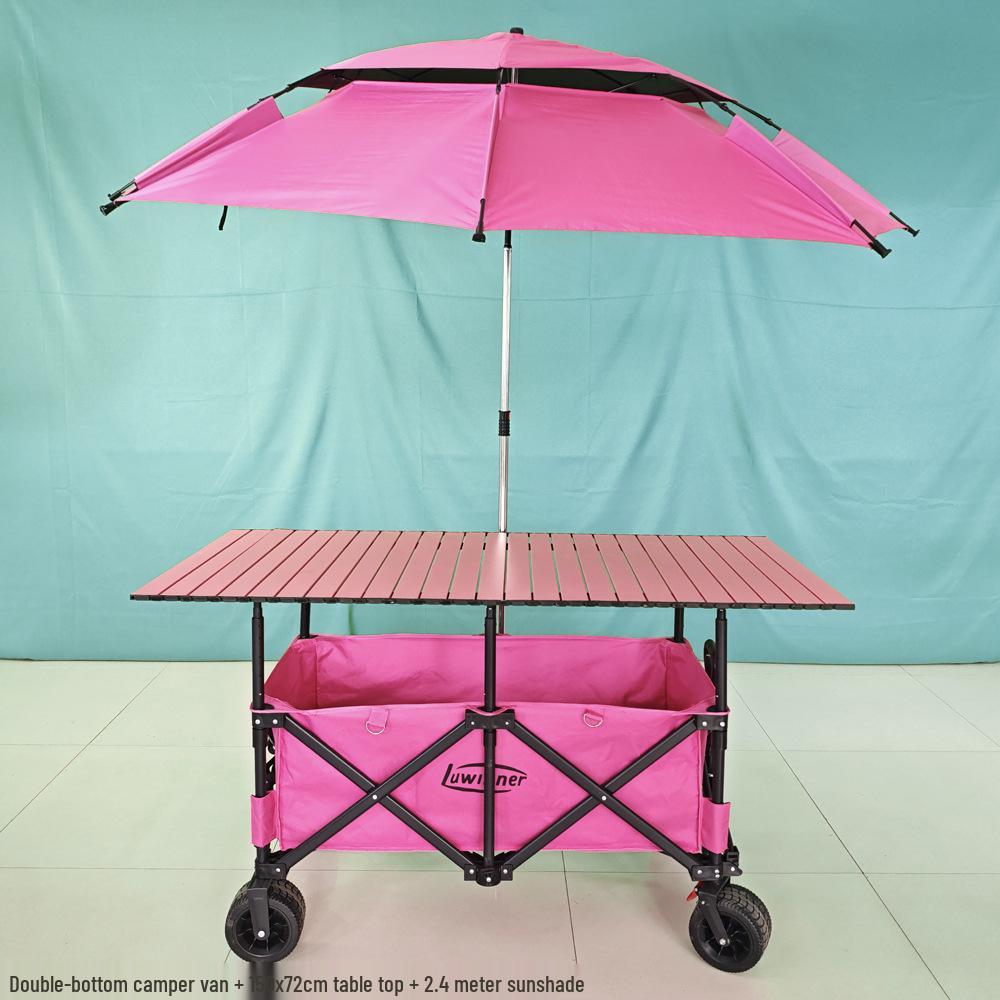 Adjustable Folding Handcart with Umbrella, Elevated Canopy & Table Top for Street Stalls or Camping.