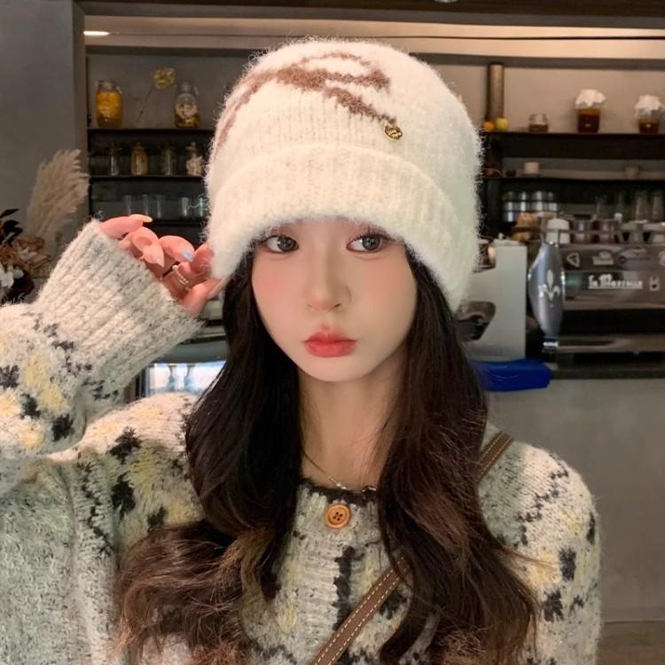 Bow Jacquard Knitted Hat Season Fashion Versatile Hat Women's Big Head Circumference Small Wool Hat