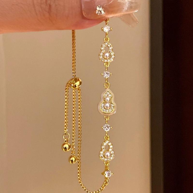 K Genuine Gold Electroplated Zircon Pearl Gourd Bracelet New Chinese Elegant Temperament Bracelet Light Luxury High-End Jewelry