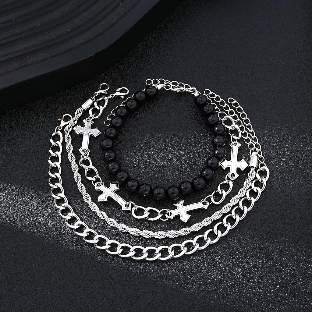 4 Pcs Stainless Steel Bracelet Set For Men Women Punk Fashion Cross Beads Chain Bracelets Simple Hip Hop Unisex Jewelry Gift
