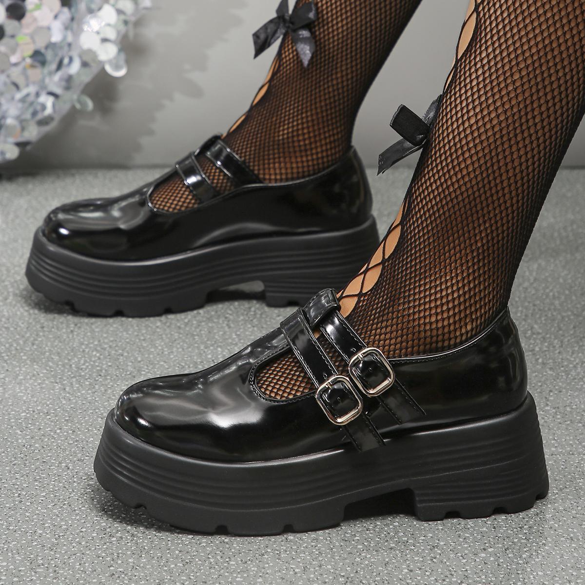 

Модные белые черные туфли-лодочки на толстой платформе с пряжкой на щиколотке, женские готические туфли в стиле панк из лакированной кожи, туфли Мэри Джейн 36 чёрный