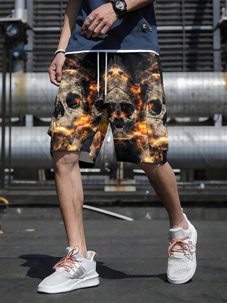 3D Digital Printed Flame Skull Pattern Men's Beach Shorts, Summer Casual Vacation Style Men's Bottoms, Men's Cargo Pants