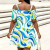 Women Plus Size Cold Shoulder Chain Strap Short Sleeve Printed Loose Dress Pink Purple White