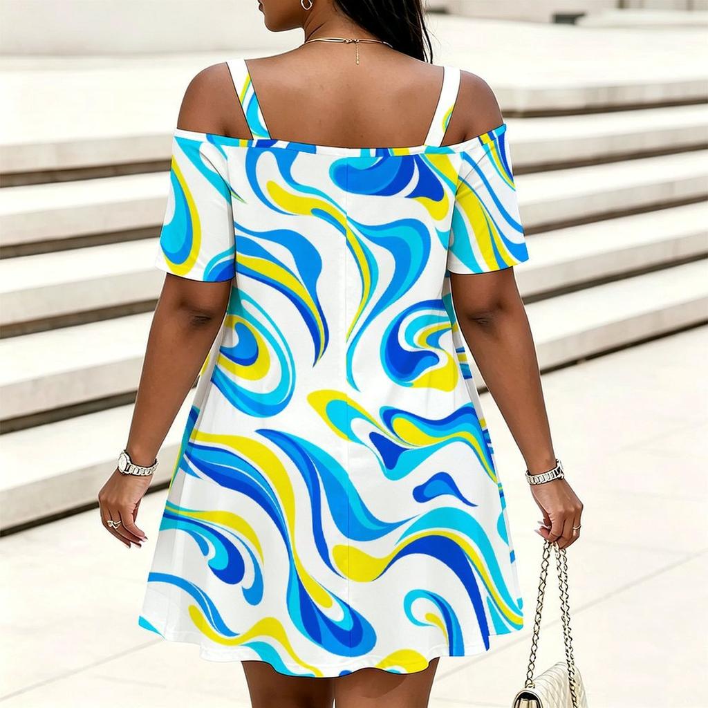 Women Plus Size Cold Shoulder Chain Strap Short Sleeve Printed Loose Dress Pink Purple White