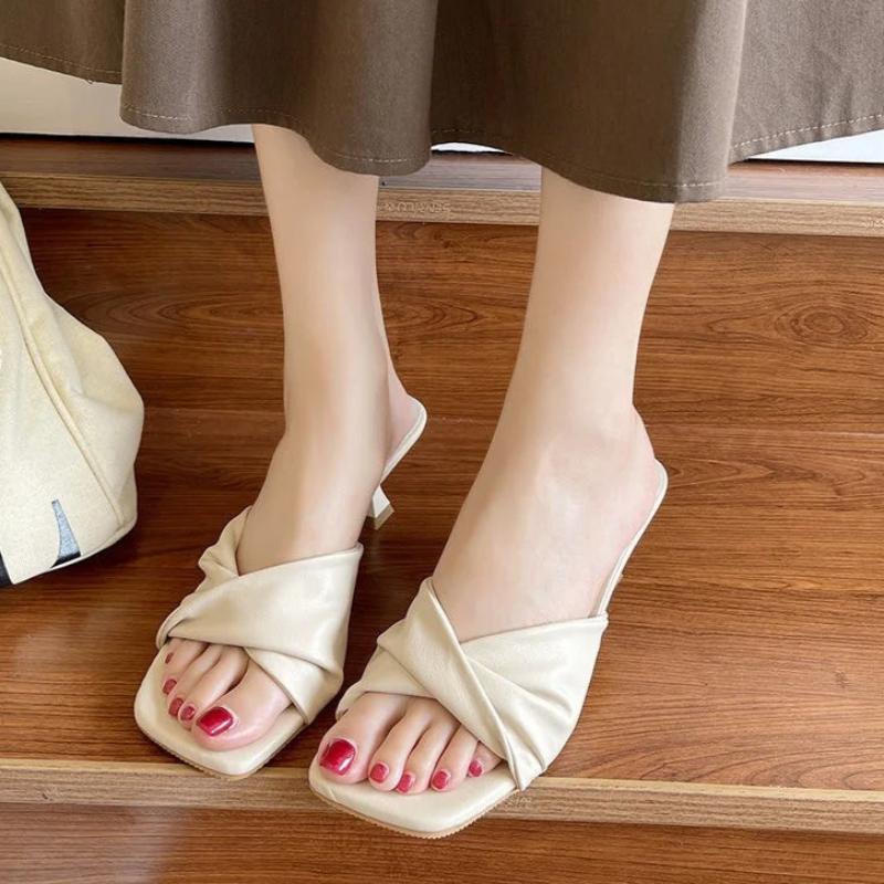 Summer Minimalist High-heeled Sandals Fashionable Versatile Casual Wear Square Toe Comfortable Semi Slippers