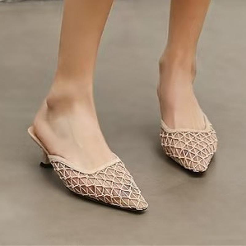 Fashion Pointed Toe Mesh Women Slippers Mules Shoes Woman Summer Heeled Sandals 2025 Fashion Shallow Loafers Sexy Pumps Dress Sandalias