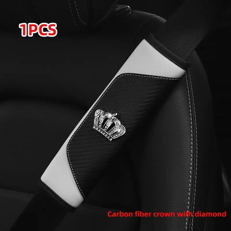 Car Seat Belt Cover Shoulder Pad Leather Seat Belt Crown Crystal Rhinestones Seat Safety Belt Case For Car Shoulder Strap Pad