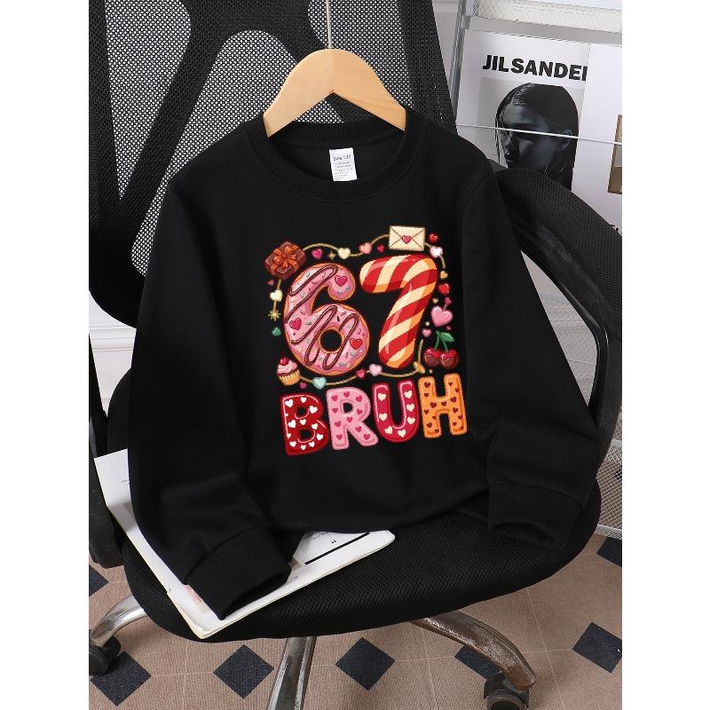 European sizes Kids' Casual Printed Round Neck Pullover, Kids' Round Neck Sweatshirt with Fashion 67 Theme Feature Print for Kids