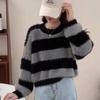 2024 Autumn/Winter Women's Korean Color Block Striped Round Neck Knit Sweater - Loose Fit Fashion Pullover