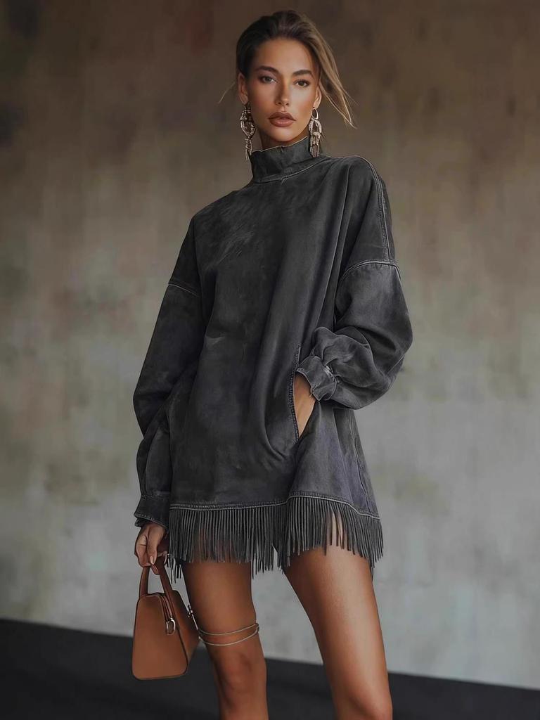 2026 High Neck Loose Suede Dress with Tassels and Pockets