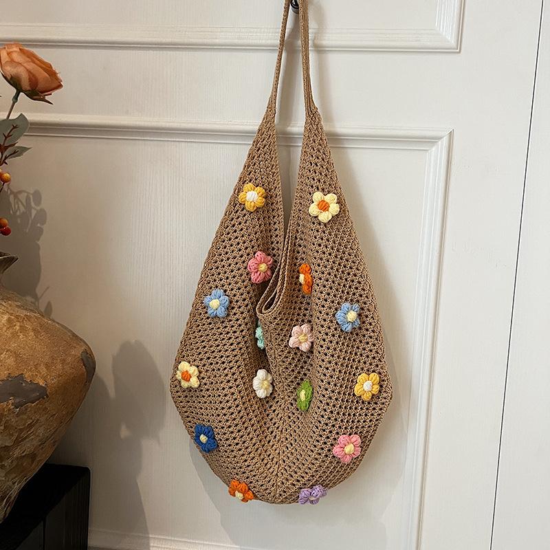 Hollow Mesh Knitted Shoulder Bag Beach Vacation Slouchy Chic Cartoon Tote Bag Lightweight Laid-Back Casual Woven Women Handbag