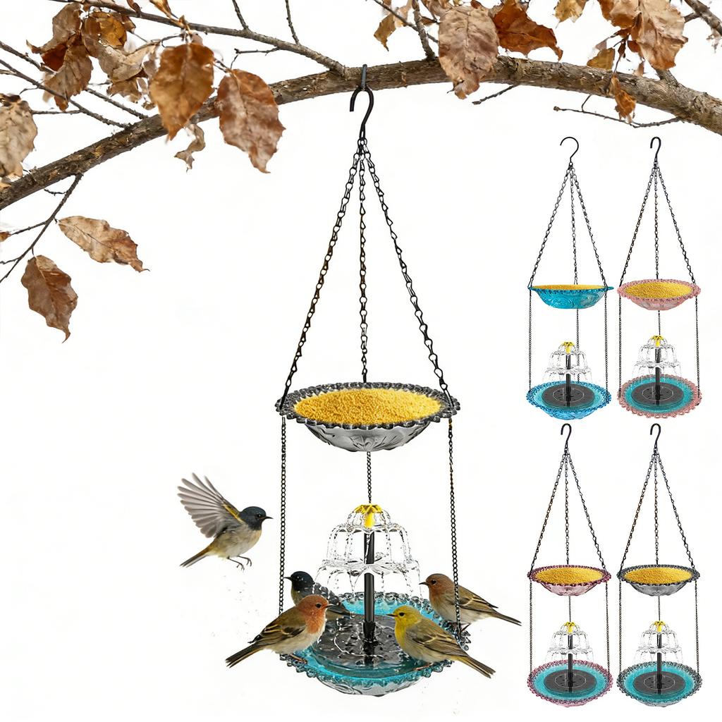 Double Layer Hanging Solar Bird Bath Fountain Wildlife Feeder Solar Cascade Hanging Bird Bath Fountain for Outdoor Garden Decor