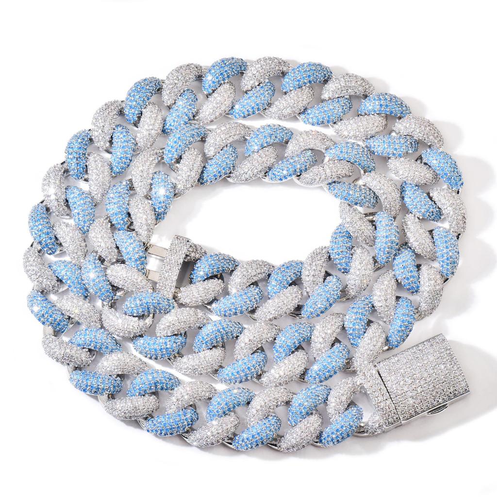 Silver Blue 14MM Cuban Link Necklace and Bracelet - European & American Hip Hop Fashion Trend Jewelry