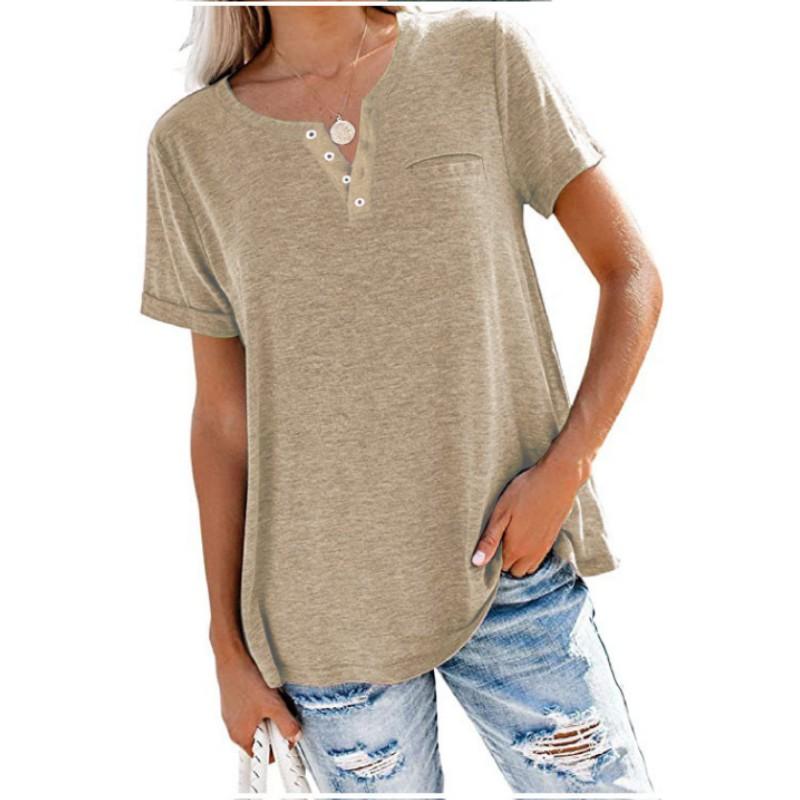 Spring Summer Style Jacket V-neck Short Sleeve Pocket Loose T-shirt Woman