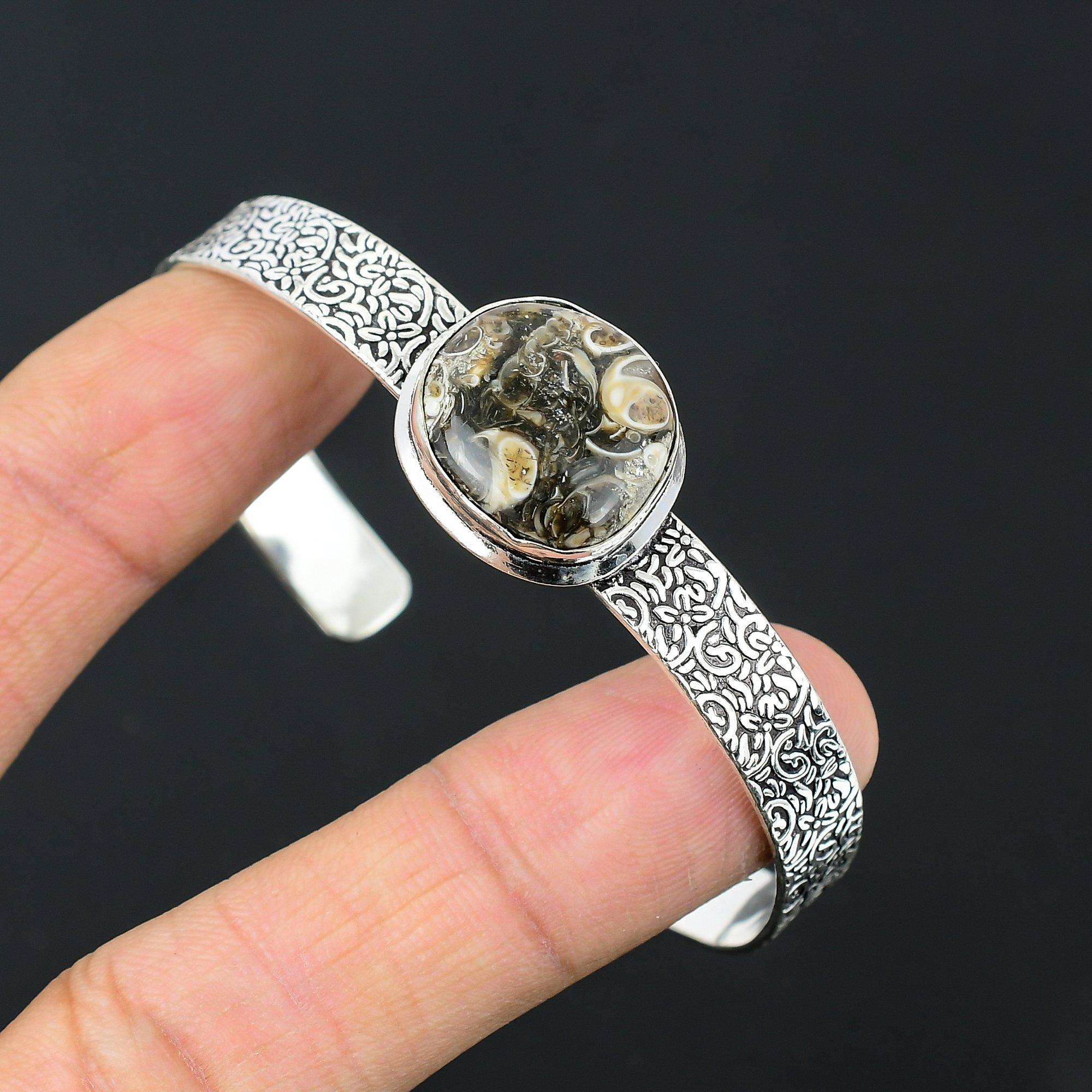 

Natural Turritella Agate Handcrafted Artisan Handmade Bangle Bracelet 925 Silver Adjustable