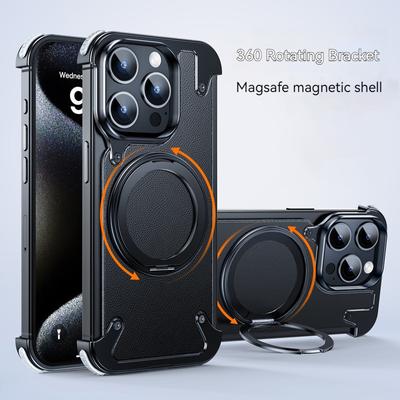 Etui na telefon z obrotową podstawą magnetyczną 360°, do iPhone'a 15 16 ProMax, metalowa, bezramkowa, skórzana, ultracienka, ochronna tylna obudowa