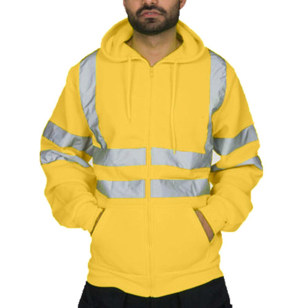 Fleece-lined Outdoor Sanitation Workwear Men's High Visibility Reflective Strip Zipper Hooded Sweatshirts