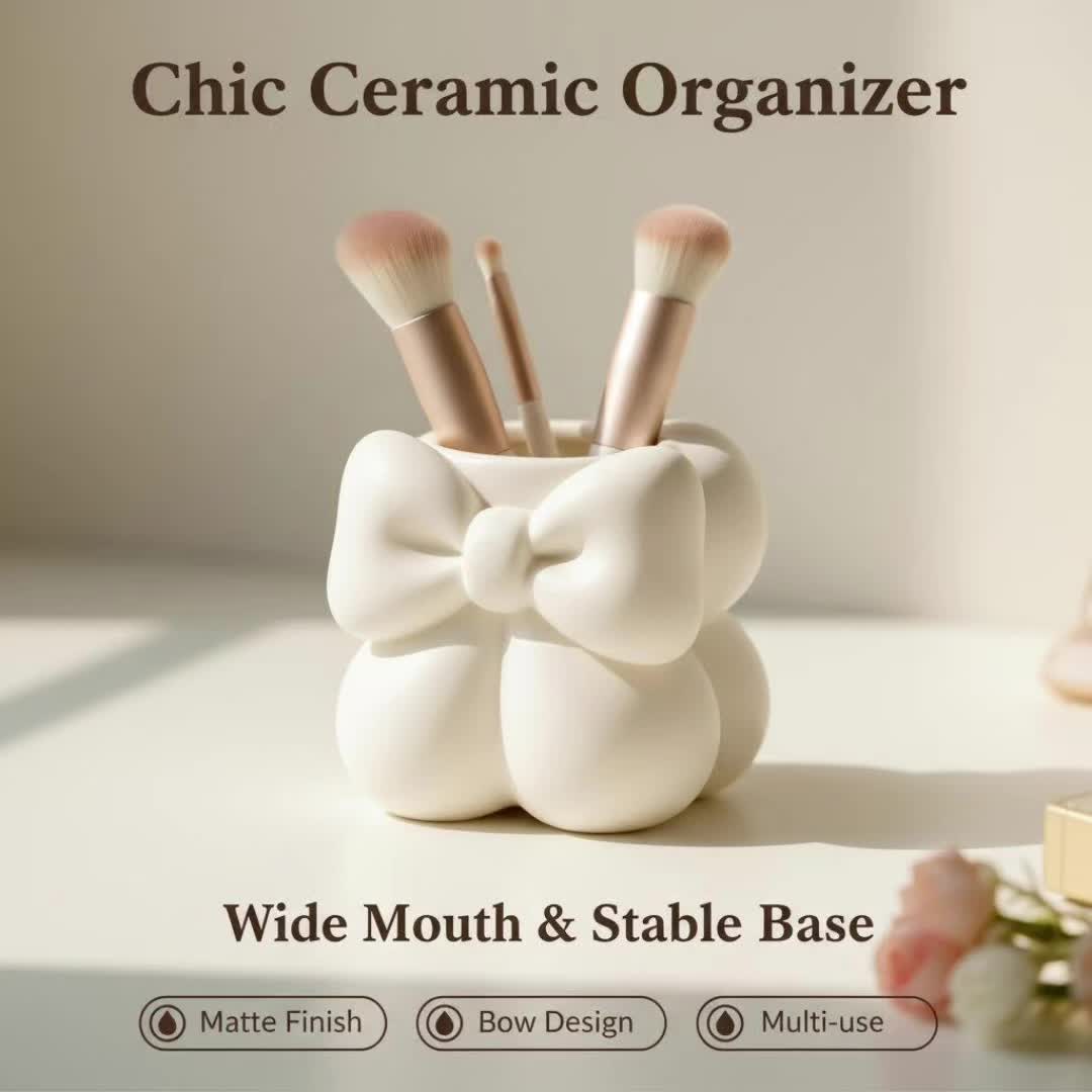 

Cream-Colored Bow Makeup Brush Storage Bucket, Matte Beauty Organizer, Ideal Gift for on Birthdays, Christmas, Valentine S Day
