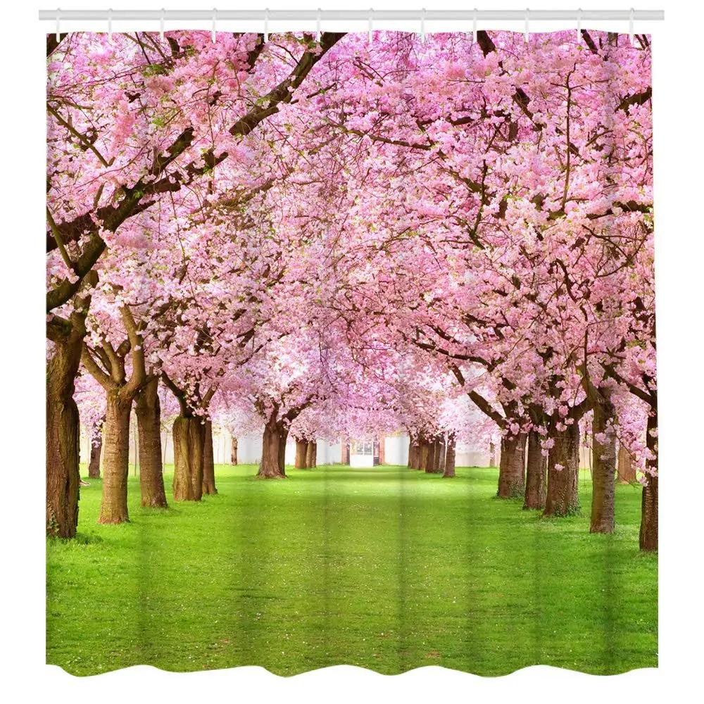 Pink Floral Shower Curtain Kids Decor Spring Flower Park Forest Road Landscape Scenic Bathroom Curtain Decor Set with 12 Hooks